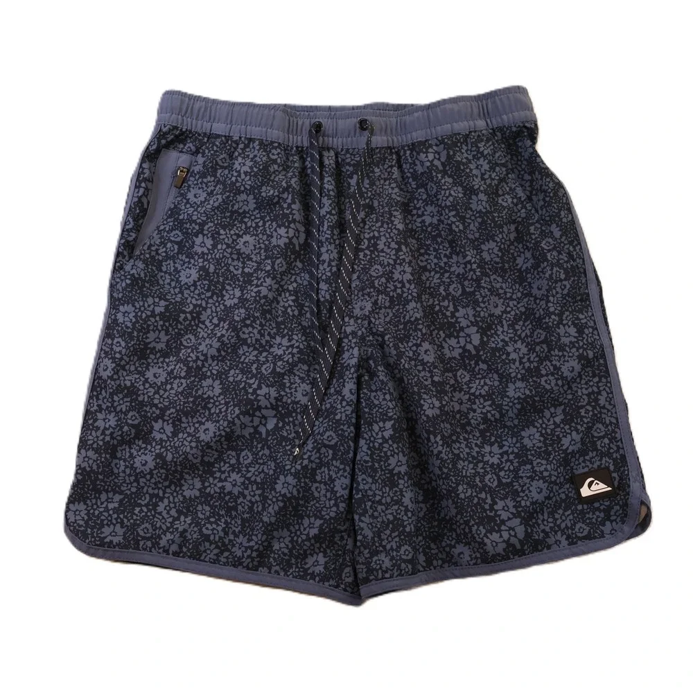 Quiksilver Mens Small Swim Trunks Navy Blue Floral Print Mesh Lined Stretch